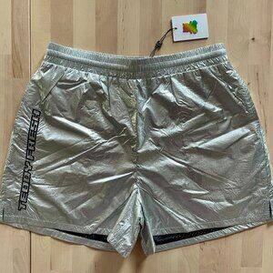 Teddy Fresh Silver Metallic Drawstring Panel Shorts size XS Relaxed Fit NWT NEW